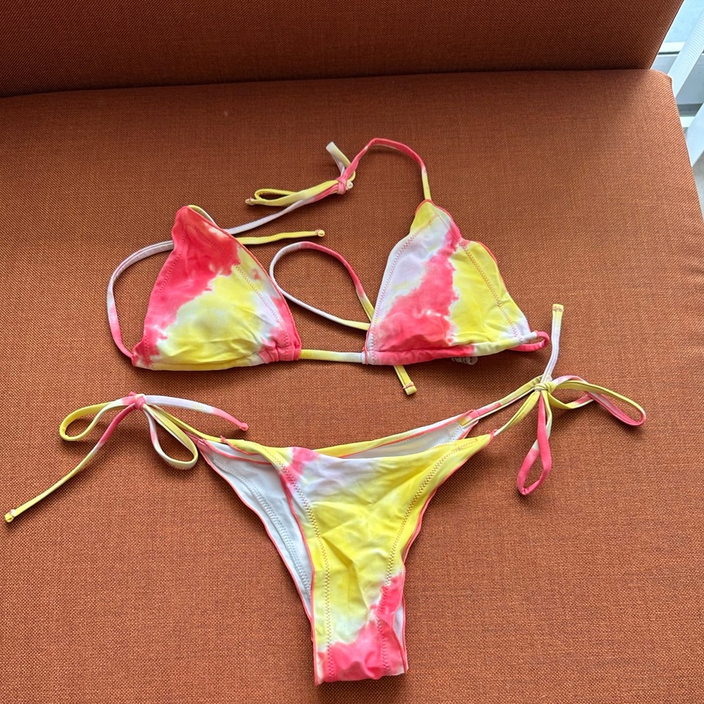 SHEIN Tie-Dye Bikini in Pink, Yellow, and White